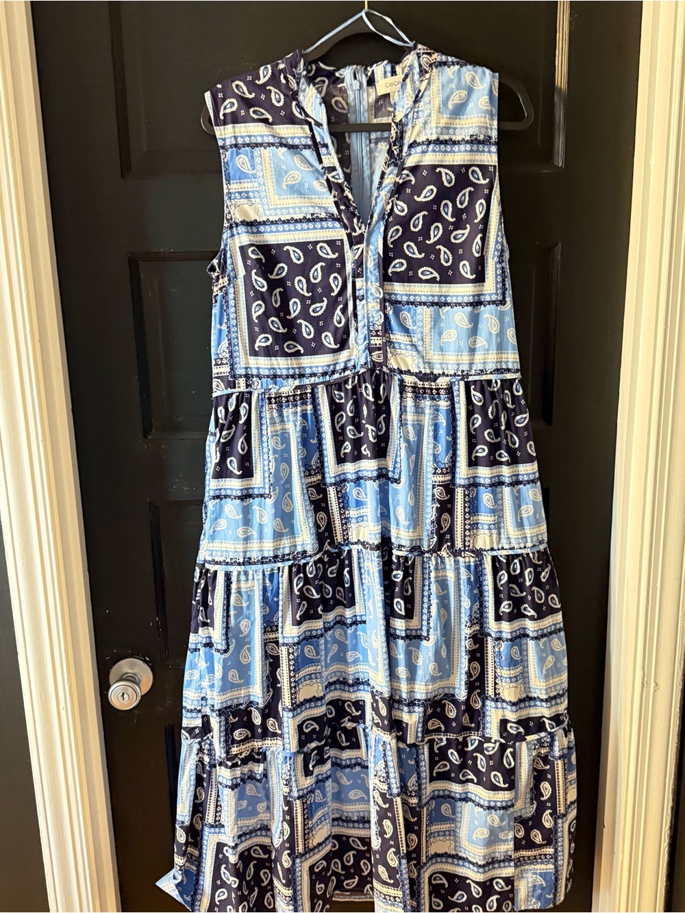 CeCe Navy and Light Blue Patchwork Paisley Maxi Dress